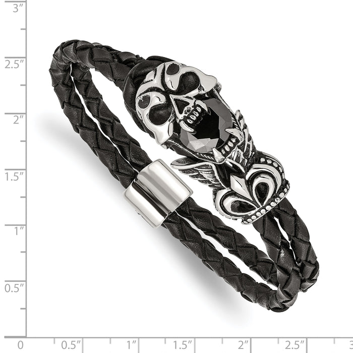 Chisel Brand Jewelry, Stainless Steel Antiqued and Polished with Glass Leather Men's Bracelet