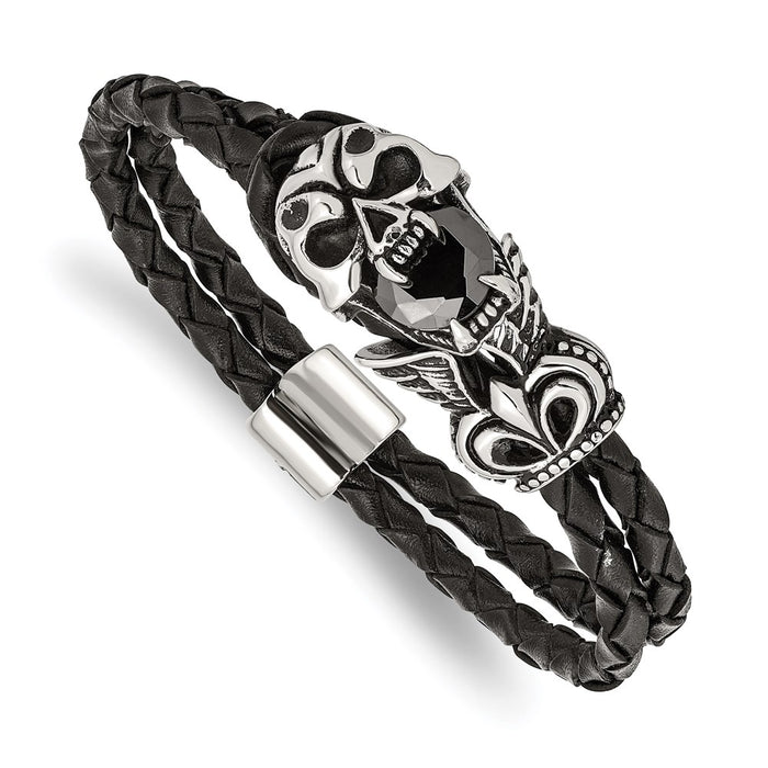 Chisel Brand Jewelry, Stainless Steel Antiqued and Polished with Glass Leather Men's Bracelet