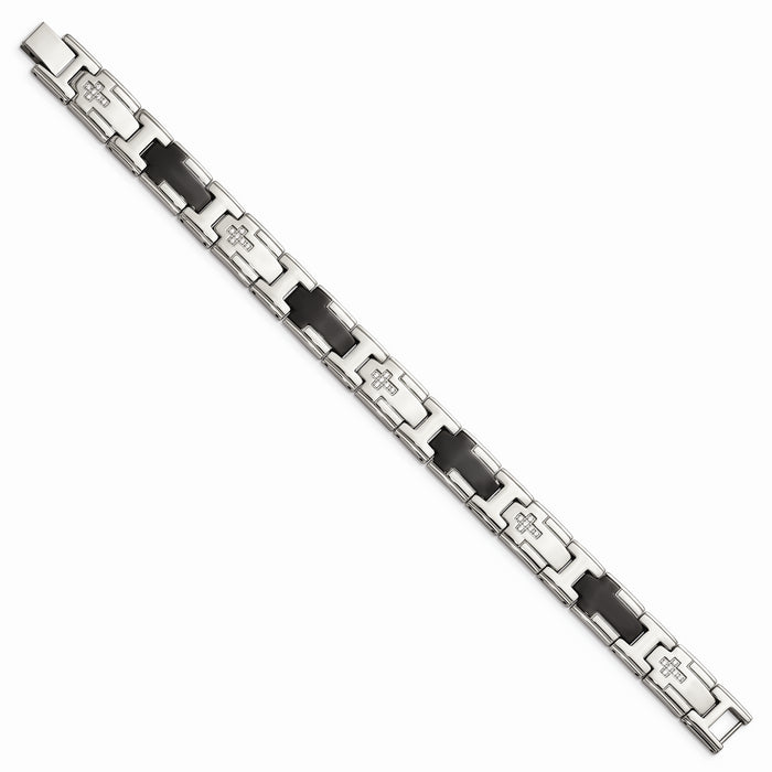 Chisel Brand Jewelry, Stainless Steel Polished Black IP-plated with CZ Cross Men's Bracelet