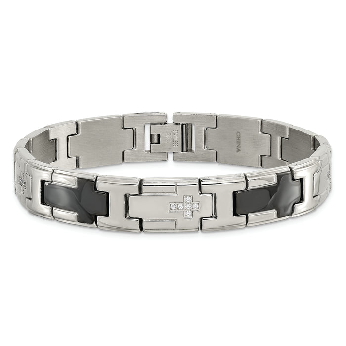 Chisel Brand Jewelry, Stainless Steel Polished Black IP-plated with CZ Cross Men's Bracelet