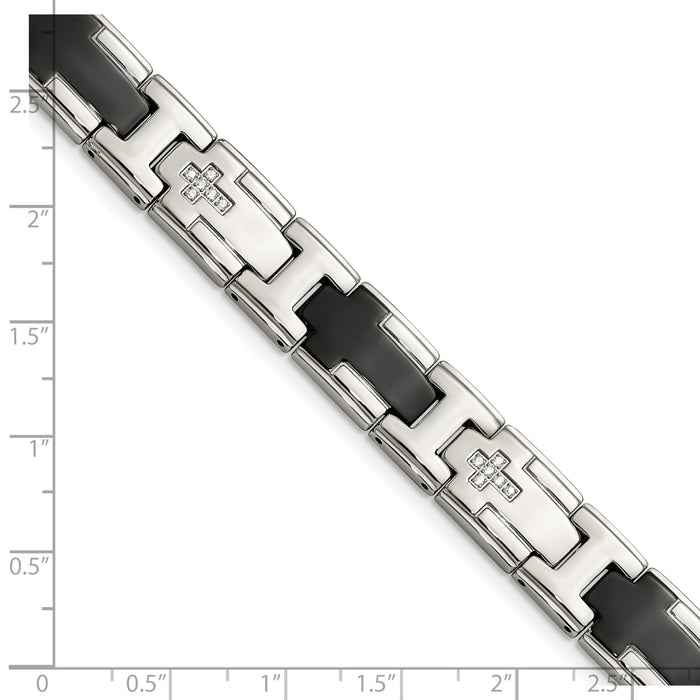 Chisel Brand Jewelry, Stainless Steel Polished Black IP-plated with CZ Cross Men's Bracelet