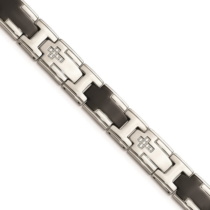 Chisel Brand Jewelry, Stainless Steel Polished Black IP-plated with CZ Cross Men's Bracelet