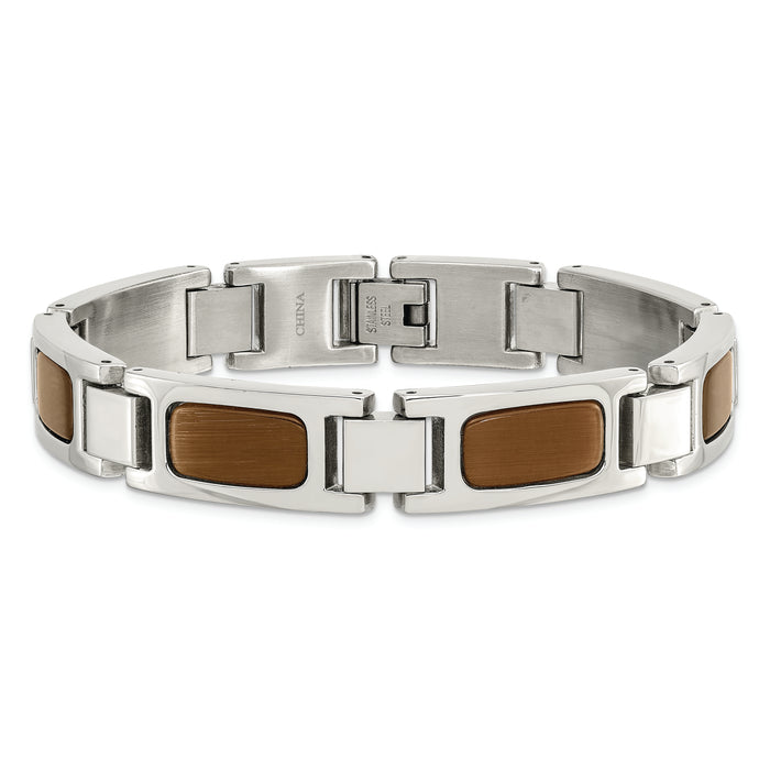 Chisel Brand Jewelry, Stainless Steel Polished with Tiger's Eye 8.5in Men's Bracelet