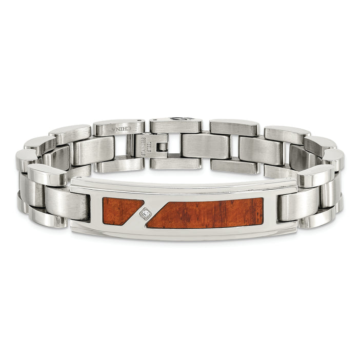 Chisel Brand Jewelry, Stainless Steel Brushed & Polished with Wood Inlay and CZ Men's Bracelet