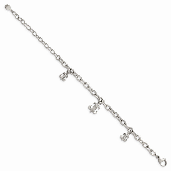 Chisel Brand Jewelry, Stainless Steel Polished Fleur de Lis with 3 inch ext Bracelet