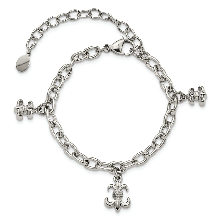 Chisel Brand Jewelry, Stainless Steel Polished Fleur de Lis with 3 inch ext Bracelet