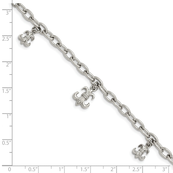 Chisel Brand Jewelry, Stainless Steel Polished Fleur de Lis with 3 inch ext Bracelet