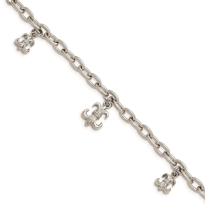 Chisel Brand Jewelry, Stainless Steel Polished Fleur de Lis with 3 inch ext Bracelet