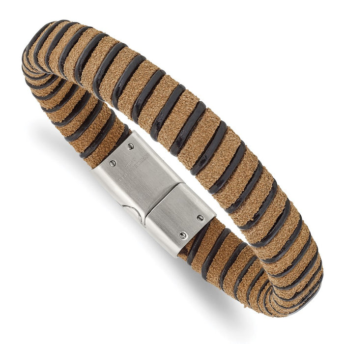 Chisel Brand Jewelry, Stainless Steel Brushed Light Brown Suede Black Leather Men's Bracelet