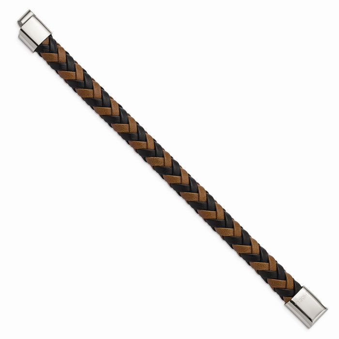 Chisel Brand Jewelry, Stainless Steel Polished Black and Brown Leather 8.5in Men's Bracelet