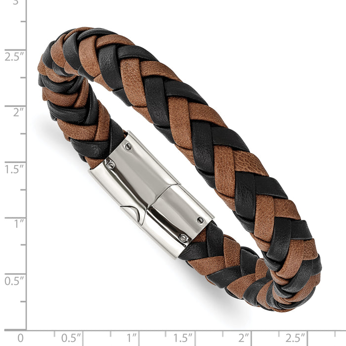 Chisel Brand Jewelry, Stainless Steel Polished Black and Brown Leather 8.5in Men's Bracelet