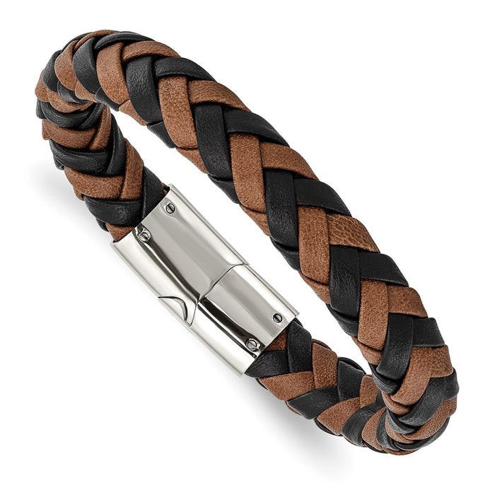 Chisel Brand Jewelry, Stainless Steel Polished Black and Brown Leather 8.5in Men's Bracelet