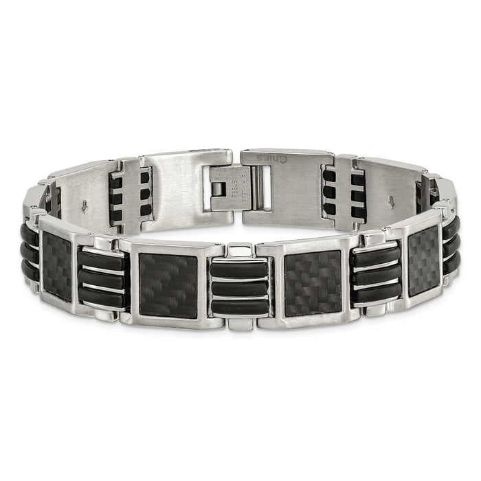 Chisel Brand Jewelry, Stainless Steel Brushed/Polished Black Carbon Fiber Inlay/Rubber 9in Bracel