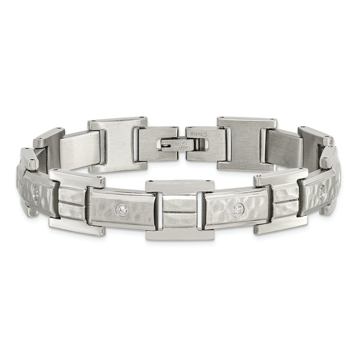 Chisel Brand Jewelry, Stainless Steel Brushed Polished and Hammered with CZ 8.5 in Men's Bracelet