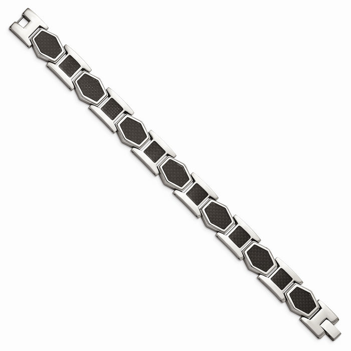 Chisel Brand Jewelry, Stainless Steel Polished with Black Carbon Fiber Inlay 8.75 in Link Bracele