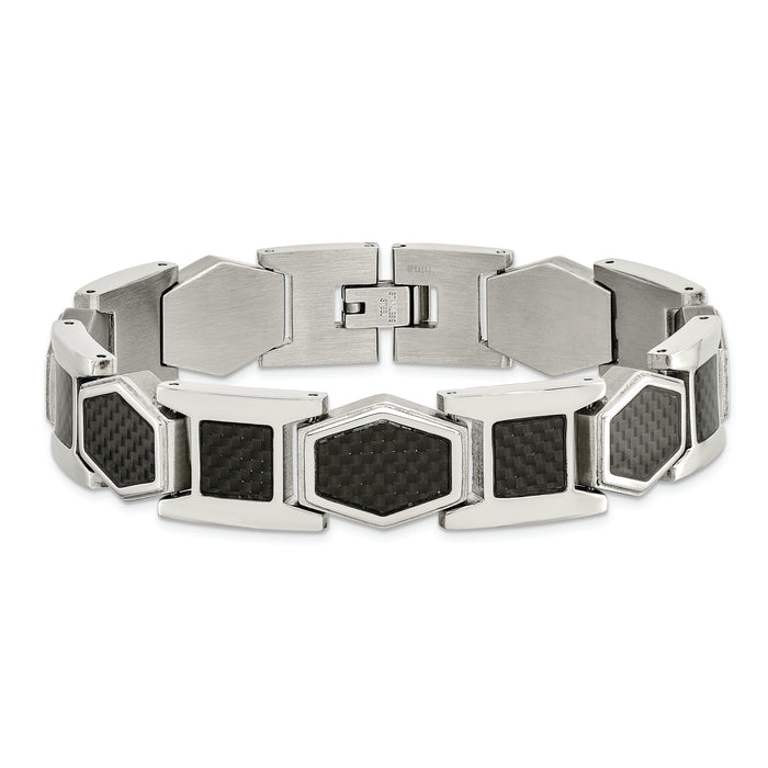 Chisel Brand Jewelry, Stainless Steel Polished with Black Carbon Fiber Inlay 8.75 in Link Bracele