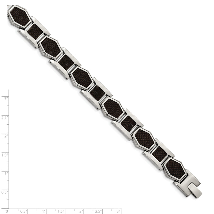 Chisel Brand Jewelry, Stainless Steel Polished with Black Carbon Fiber Inlay 8.75 in Link Bracele