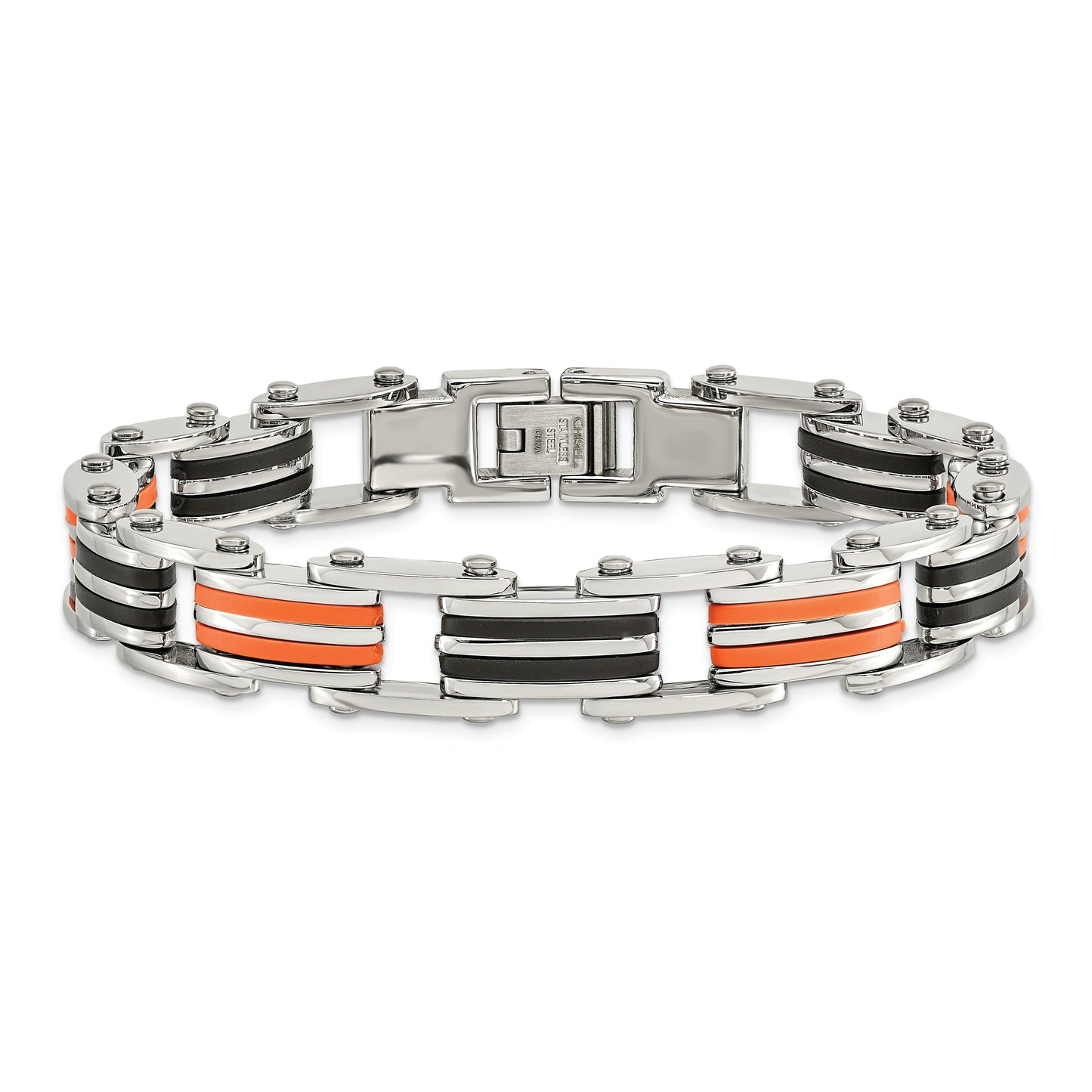 Chisel Brand Jewelry, Stainless Steel Black and Orange Rubber 8.5in Men's Bracelet