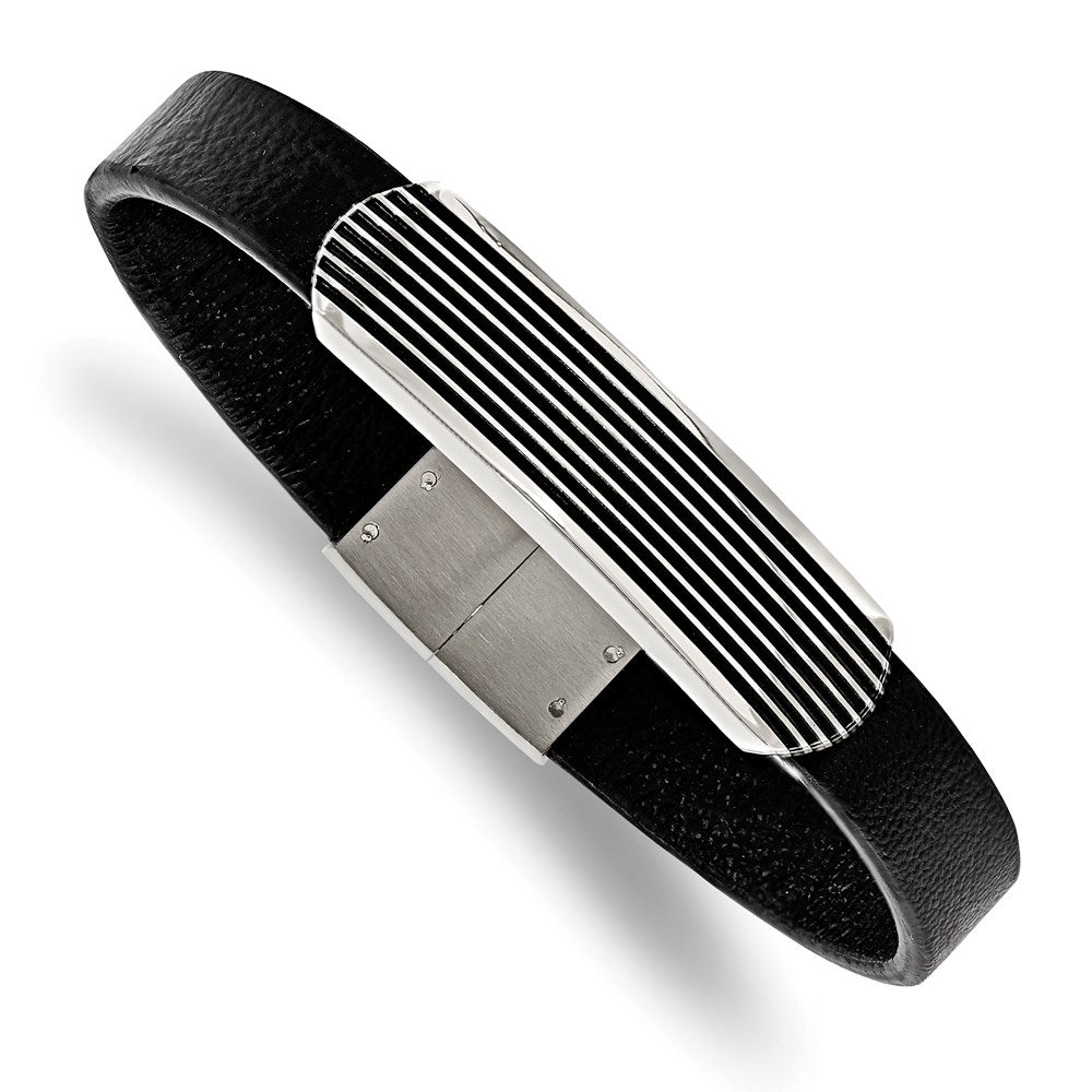 Chisel Brand Jewelry, Stainless Steel Polished Genuine Leather Enameled 8.5 inch Men's Bracelet