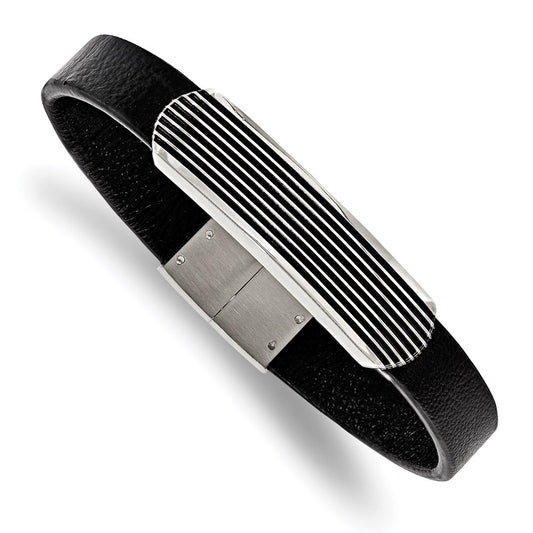 Chisel Brand Jewelry, Stainless Steel Polished Genuine Leather Enameled 8.5 inch Men's Bracelet