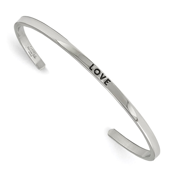 Chisel Brand Jewelry, Stainless Steel Polished Love CZ 3mm Cuff Bangle