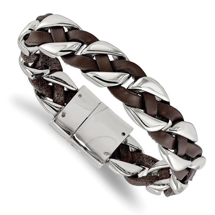 Chisel Brand Jewelry, Stainless Steel Polished with Brown Leather Braided 8.5in Bracelet