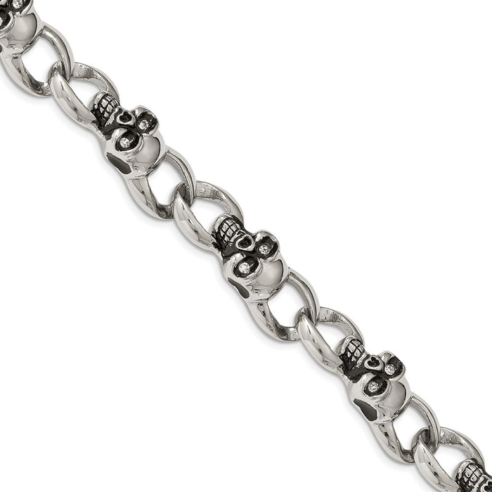 Chisel Brand Jewelry, Stainless Steel Polished and Oxidized with CZ Skulls 9in. Bracelet