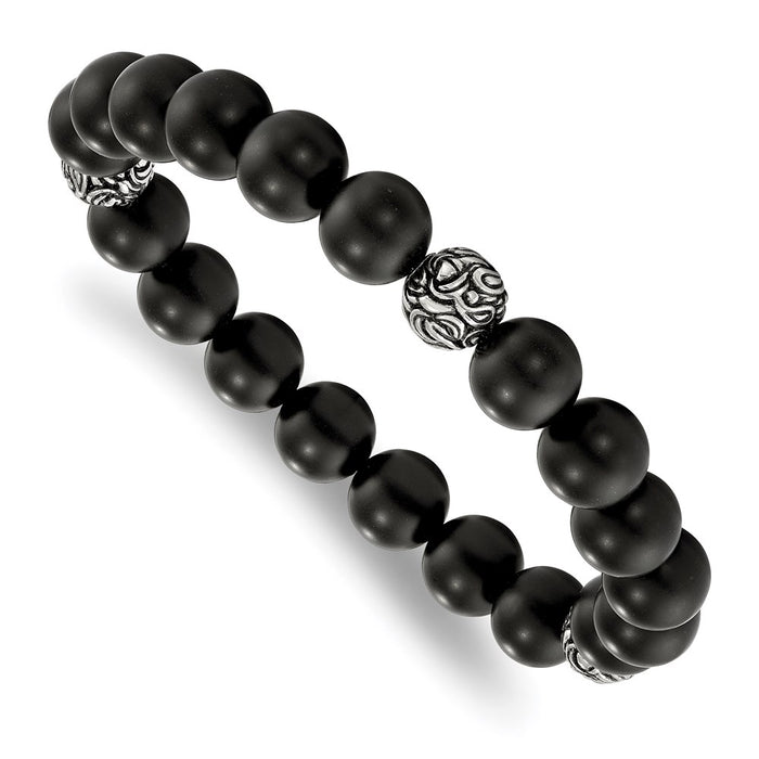 Chisel Brand Jewelry, Stainless Steel Antiqued and Polished with Black Agate Beads Stretch Bracelet