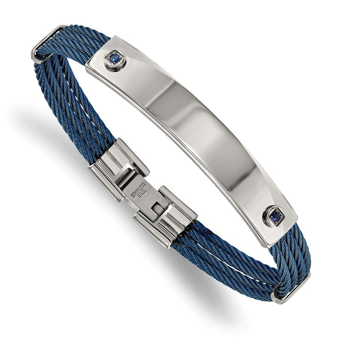 Chisel Brand Jewelry, Stainless Steel Polished Blue IP-plated Cable Blue CZ 7.25in ID Bracelet