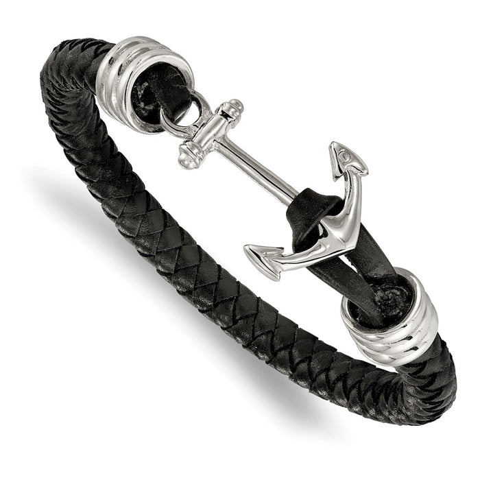 Chisel Brand Jewelry, Stainless Steel Nautical Polished Black Braided Leather Anchor 8.5in Bracelet