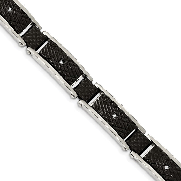 Chisel Brand Jewelry, Stainless Steel Polished Black IP with CZ and Black Carbon Fiber 8.75in Bracelet