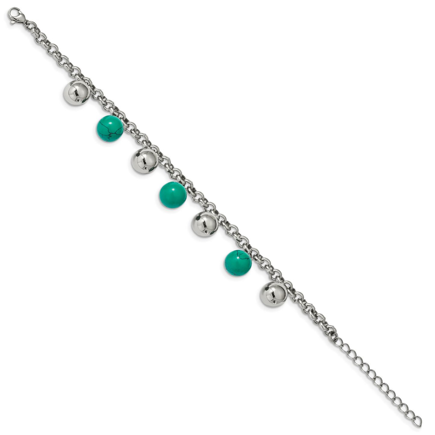 Chisel Brand Jewelry, Stainless Steel Polished with Imit.Turquoise Beads with 2in ext. 7in Bracelet