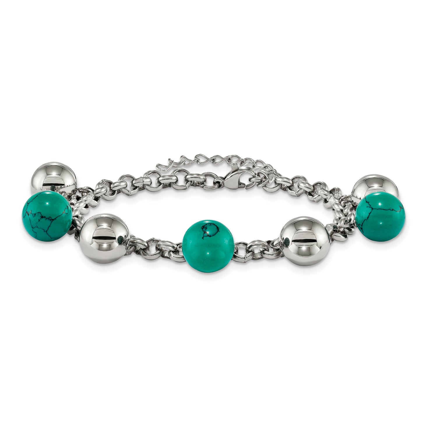 Chisel Brand Jewelry, Stainless Steel Polished with Imit.Turquoise Beads with 2in ext. 7in Bracelet
