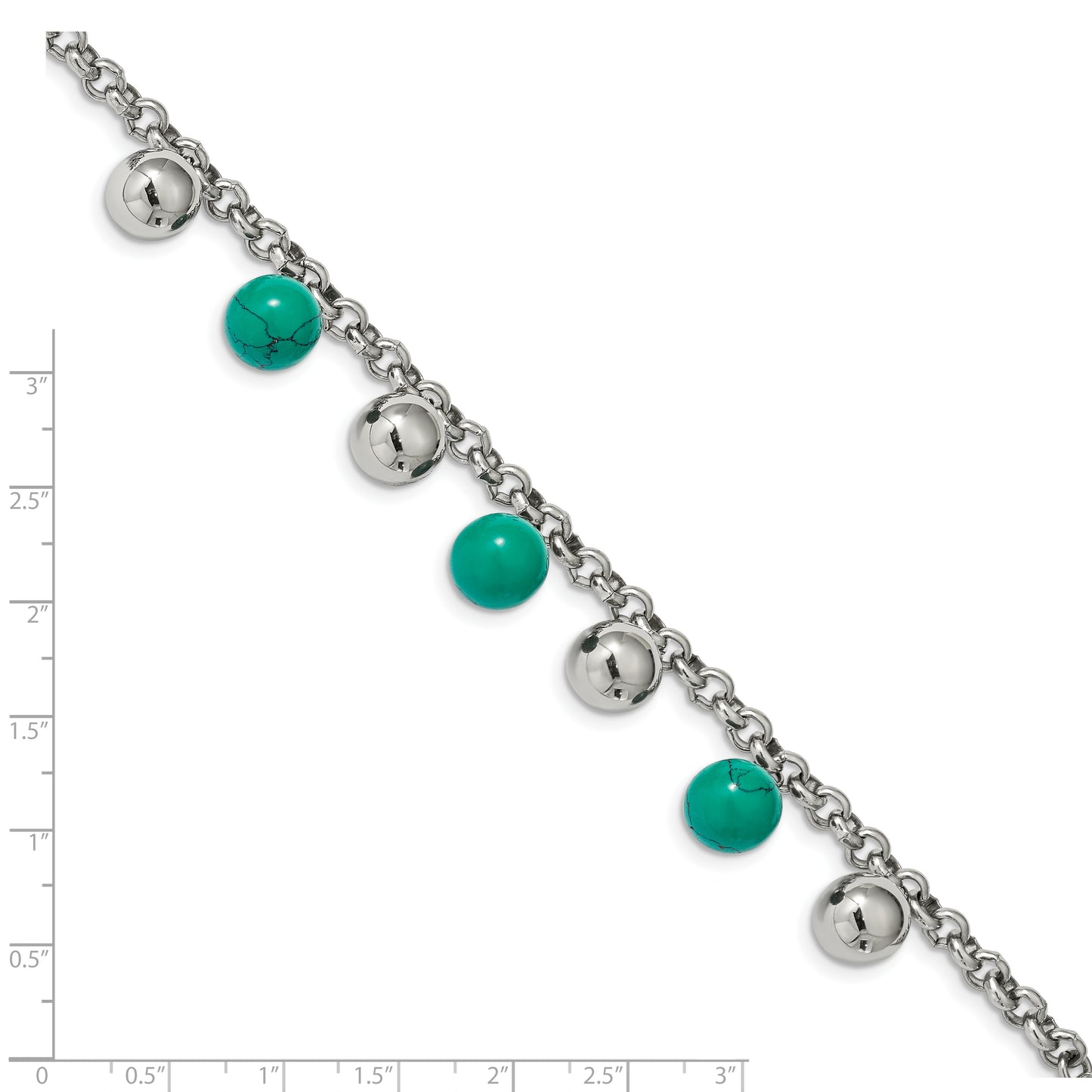 Chisel Brand Jewelry, Stainless Steel Polished with Imit.Turquoise Beads with 2in ext. 7in Bracelet