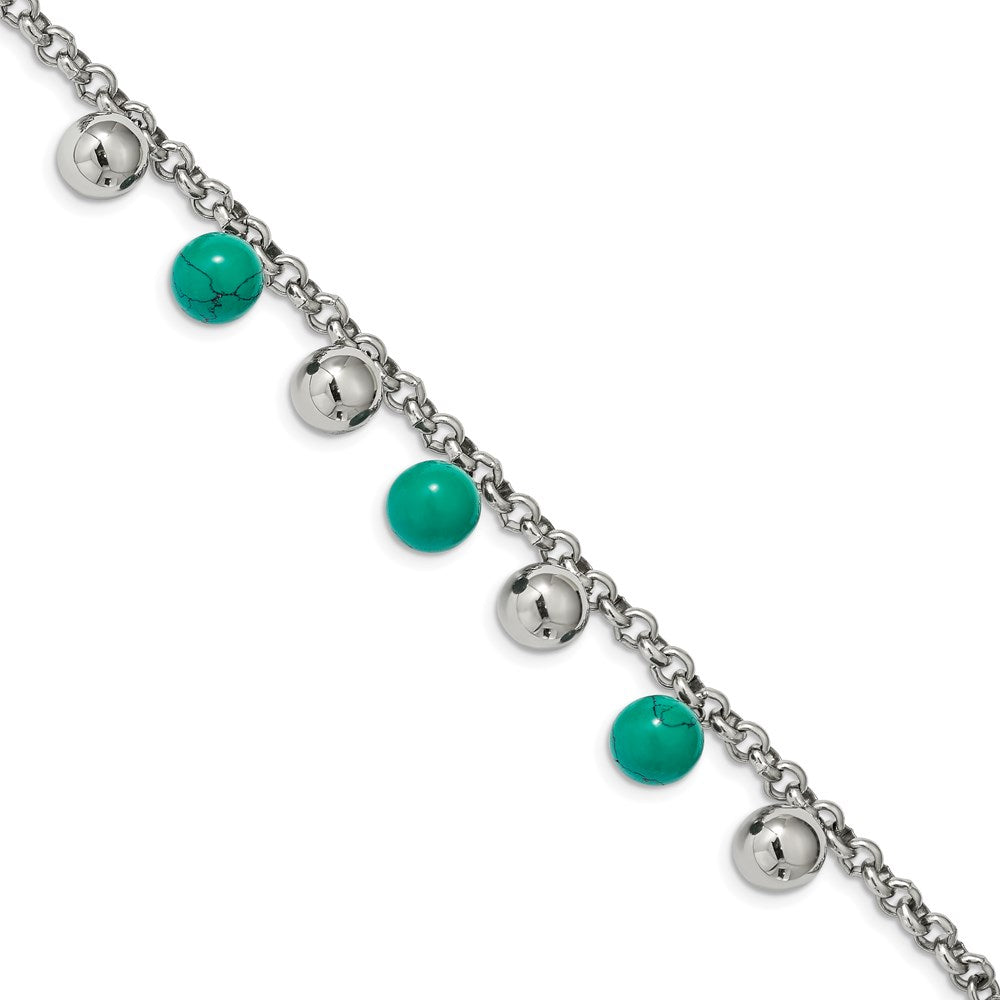 Chisel Brand Jewelry, Stainless Steel Polished with Imit.Turquoise Beads with 2in ext. 7in Bracelet