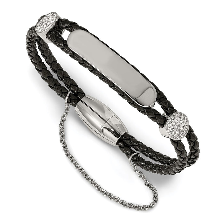 Chisel Brand Jewelry, Stainless Steel Polished with Preciosa Crystal Braided Leather Bracelet