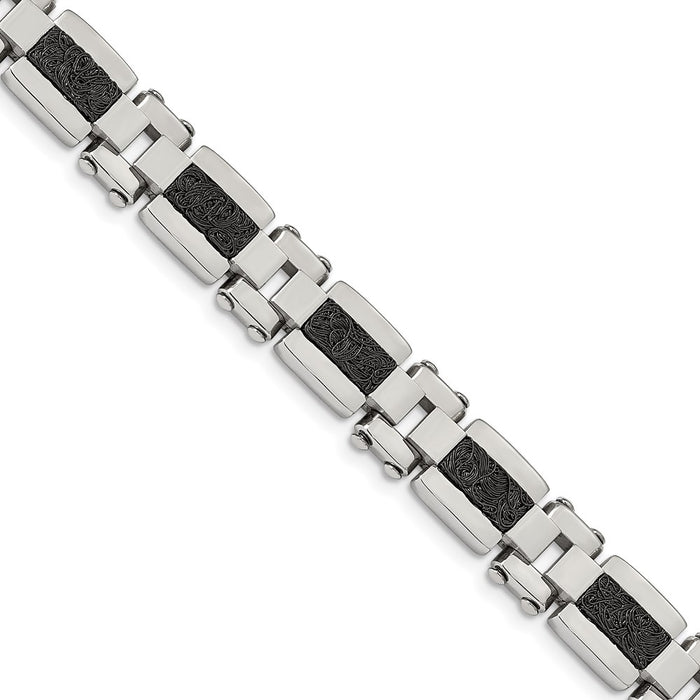 Chisel Brand Jewelry, Stainless Steel Polished Black IP-plated Textured Wire Inlay 8.5in Bracelet