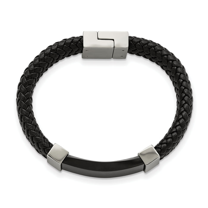 Chisel Brand Jewelry, Stainless Steel Polished Black IP-plated with Black Leather 8.5in Bracelet