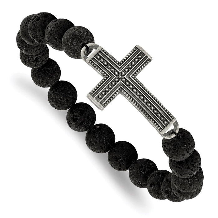 Chisel Brand Jewelry, Stainless Steel Antiqued GunMetal IP with Lava Stone Cross Stretch Bracelet