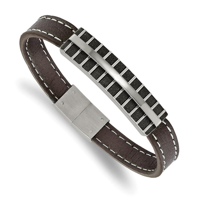 Chisel Brand Jewelry, Stainless Steel Polished Black IP Lasercut Brown Leather 8.25in Bracelet
