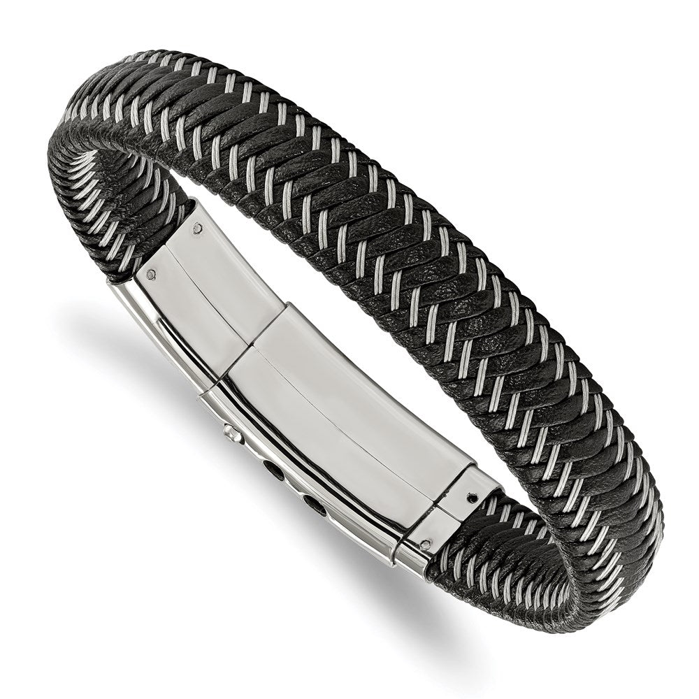 Chisel Brand Jewelry, Stainless Steel Polished Black Leather with Wire Adjust 8in to 8.5in Bracelet
