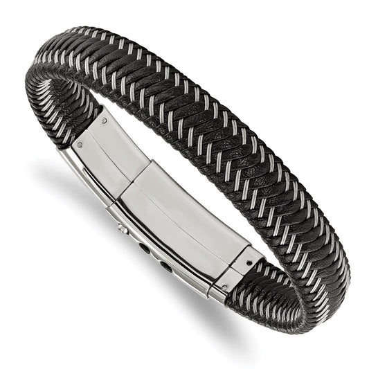 Chisel Brand Jewelry, Stainless Steel Polished Black Leather with Wire Adjust 8in to 8.5in Bracelet