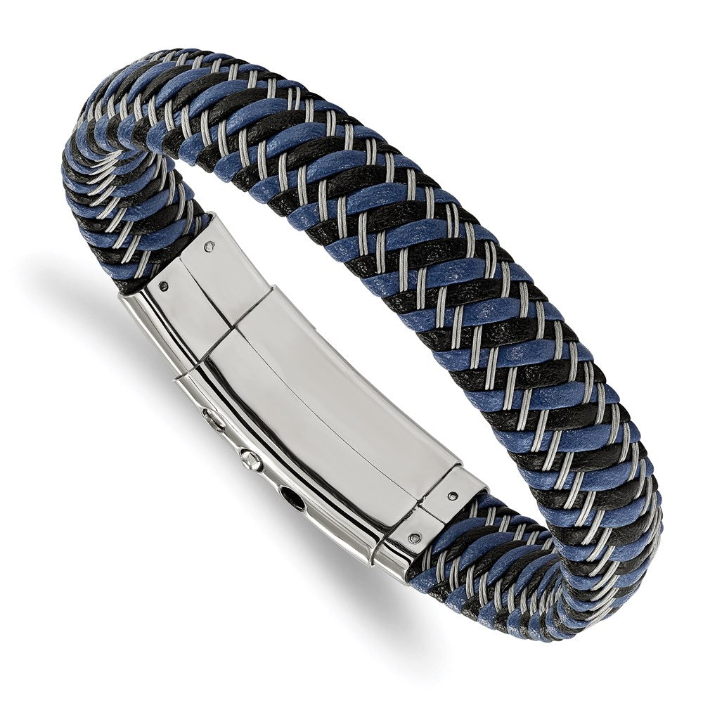 Chisel Brand Jewelry, Stainless Steel Polished Black & Blue Leather Adj. 7.75in to 8.25in Bracele