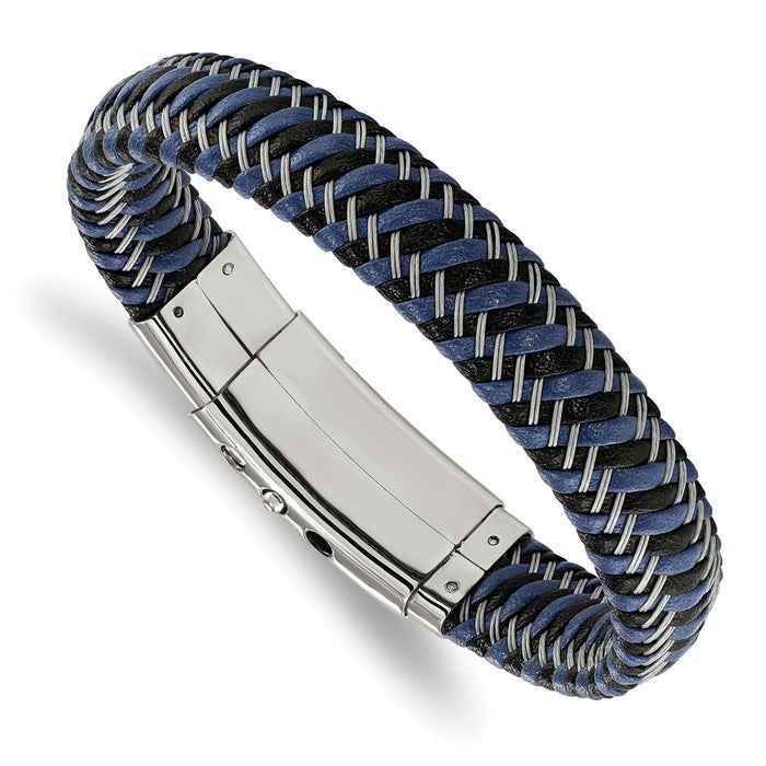 Chisel Brand Jewelry, Stainless Steel Polished Black & Blue Leather Adj. 7.75in to 8.25in Bracele
