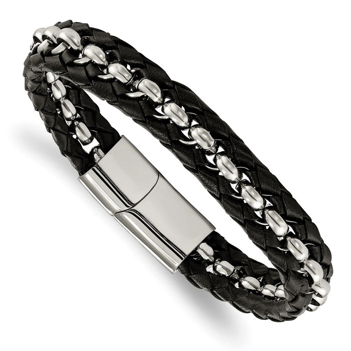 Chisel Brand Jewelry, Stainless Steel Polished Black Leather Braided 8.5in Bracelet