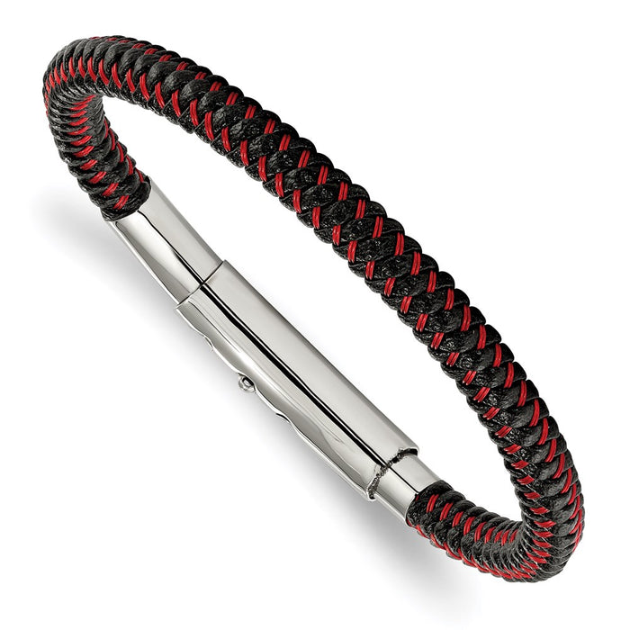 Chisel Brand Jewelry, Stainless Steel Polished Black PU with Red Wire Adj 7.75in to 8.25in Bracelet