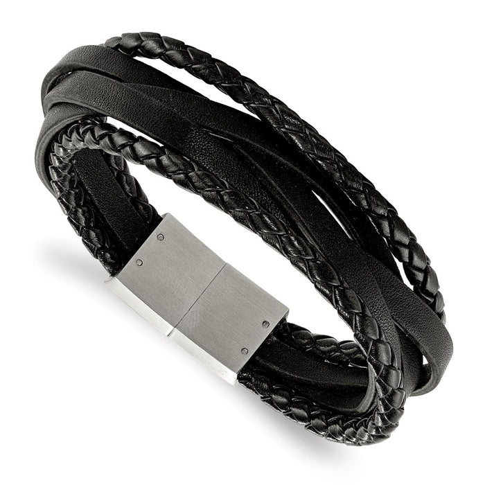 Chisel Brand Jewelry, Stainless Steel Brushed Black Genuine Leather Braided Multi 8.25in Bracelet