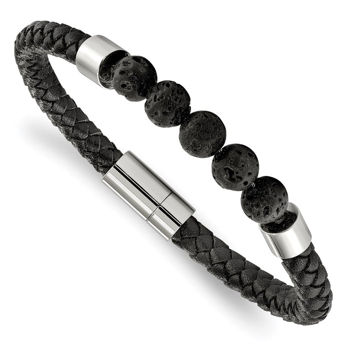 Chisel Brand Jewelry, Stainless Steel Polished Black Leather with Lava Stones 8.75 inch Bracelet