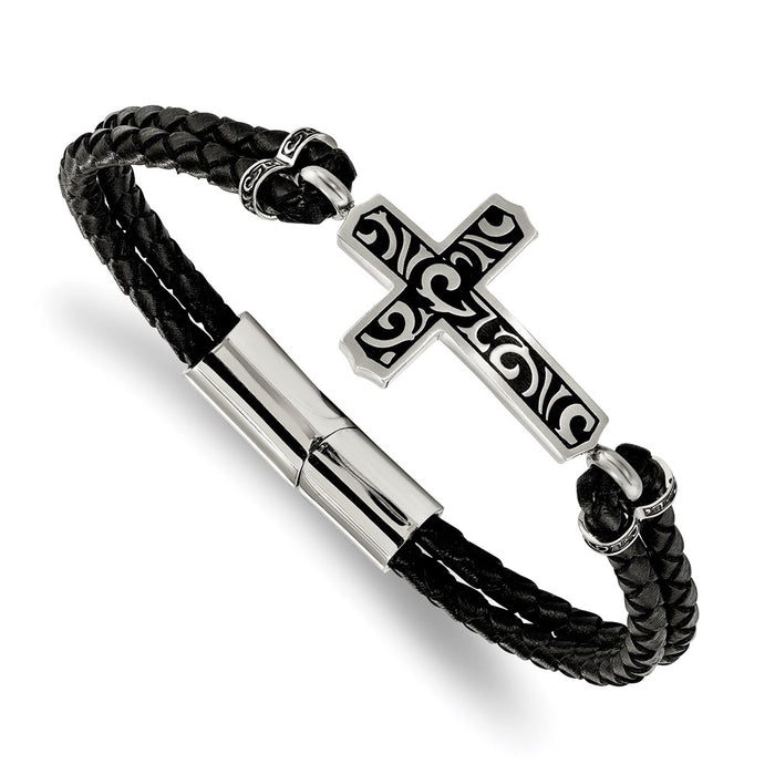 Chisel Brand Jewelry, Stainless Steel Brushed Enameled Black Leather Cross 8.75in Bracelet
