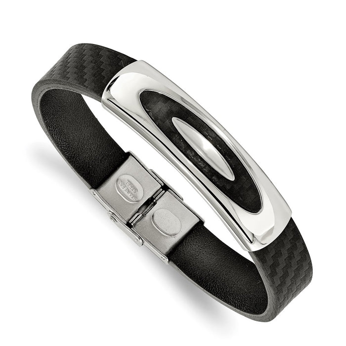 Chisel Brand Jewelry, Stainless Steel Polished Weaved Black Genuine Leather 8 inch Bracelet